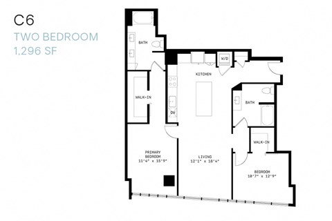 Floor plan for 2 beds, 2 baths, 1296 sqft